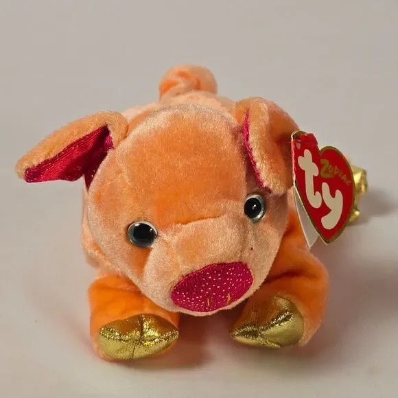 Vintage TY Zodiac Pig Plush | 7” Stuffed Animal | Peach & Fuchsia | 2000 Collect - Picture 2 of 9